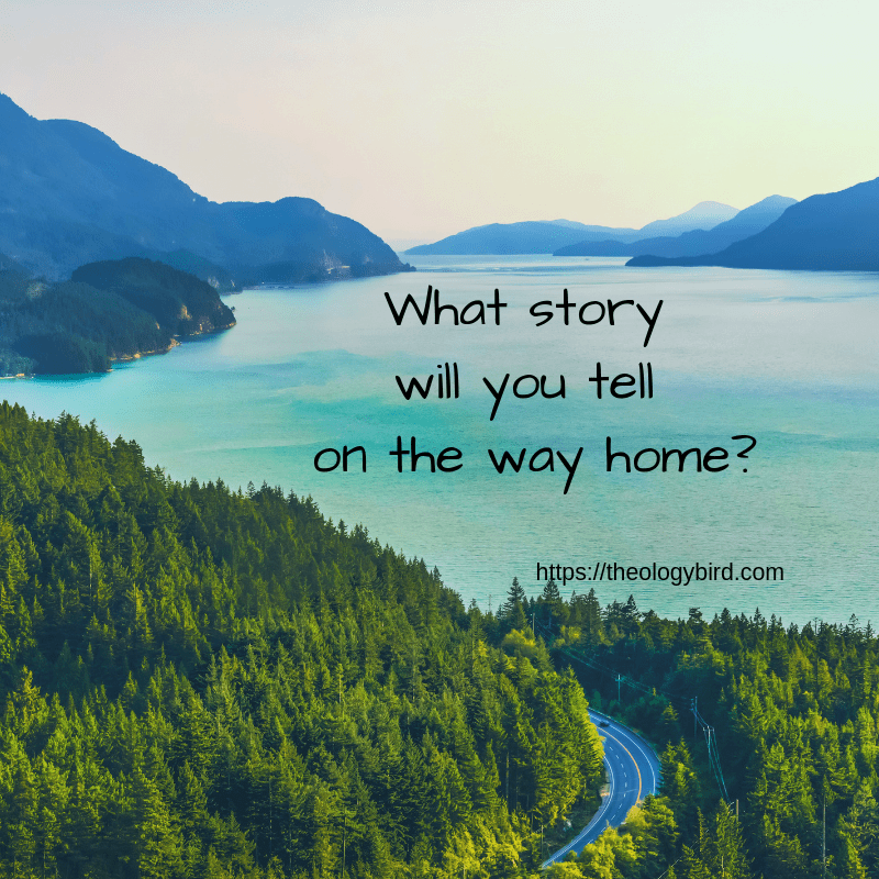 The background shows a paved road in the mountains, on the side of a valley lake.  Over the water is the text "What story will you tell on the way home?" and the url: https://theologybird.com