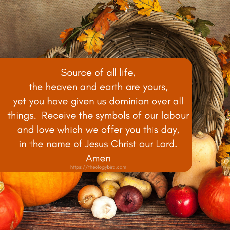  the prayer:
Source of all life,
the heaven and earth are yours,
yet you have given us dominion over all things.
Receive the symbols of our labour and love
which we offer you this day,
in the name of Jesus Christ our Lord. Amen
appears in front of the picture of a cornucopia